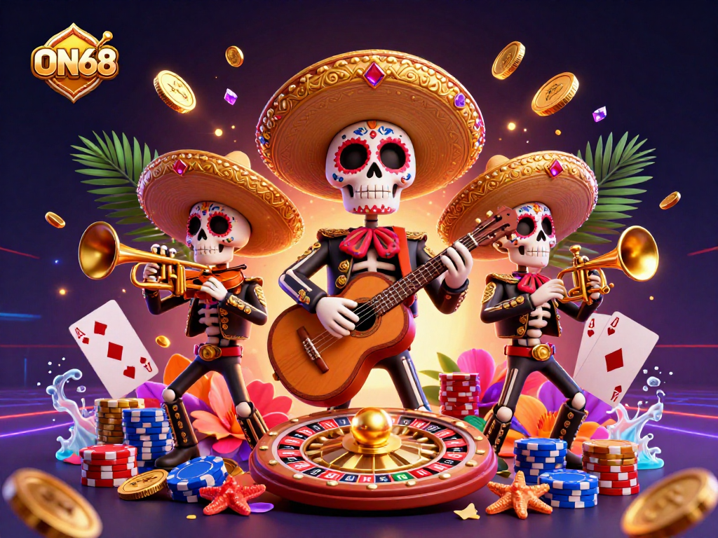 Play thrilling games with ON68, featuring vibrant mariachi skeletons celebrating amidst casino elements