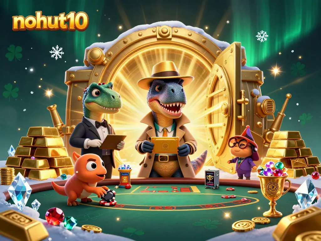 Experience jackpot gaming fun at nohut10 with colorful cartoon dinosaurs in a vibrant casino.