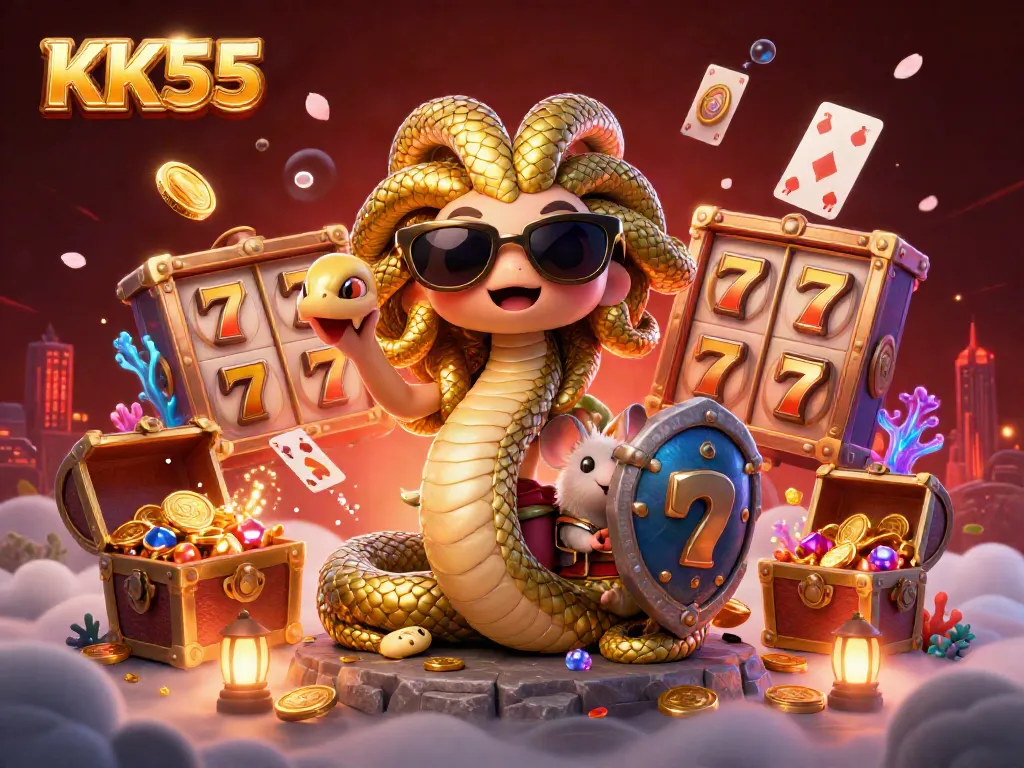 Players engage with the friendly Medusa and warrior mouse in an enchanting KK55 casino scene filled with games.