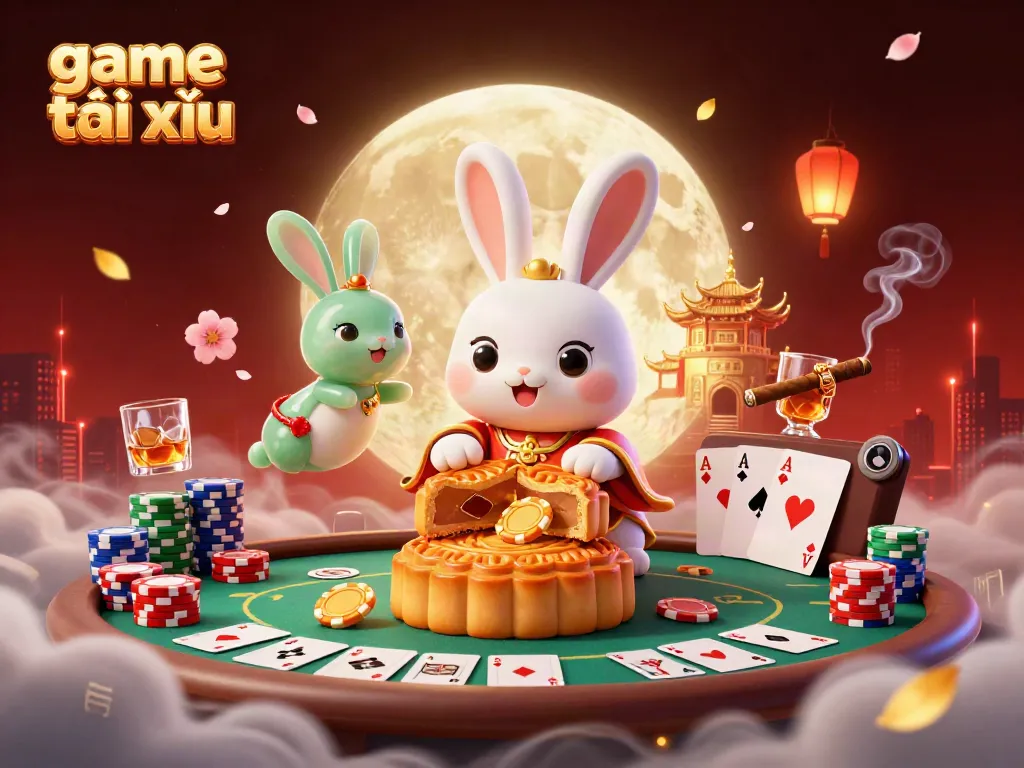 Experience the excitement of game tài xỉu with animation of a lunar scene featuring poker elements.