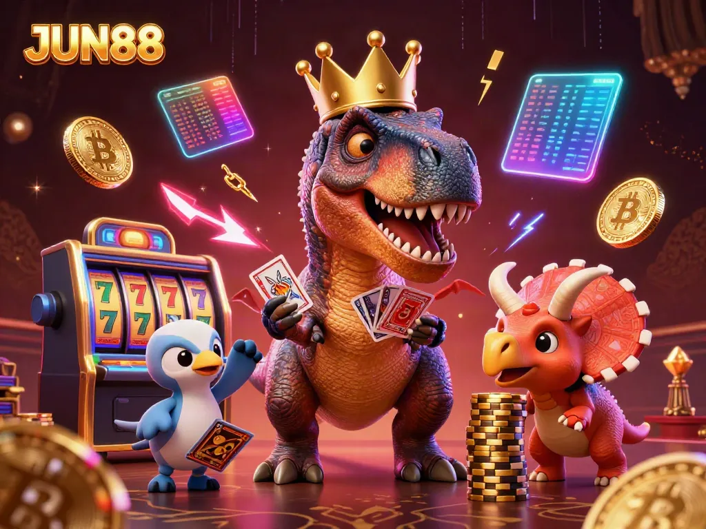 Experience thrilling casino excitement with JUN88, featuring a playful T-Rex, a pterodactyl, and a stacking triceratops.