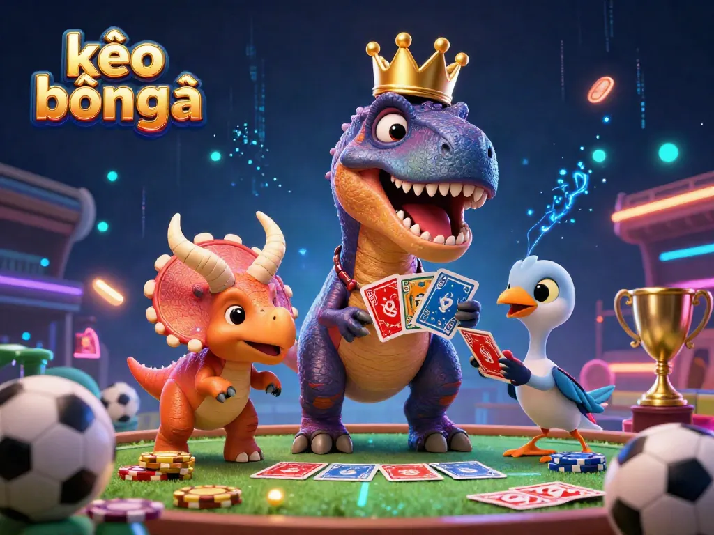Experience thrilling sports betting with kèo bóng đá, featuring friendly dinosaurs and vibrant betting elements.