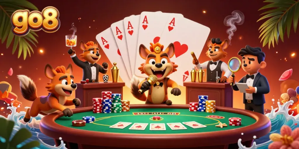 Experience the vibrant go8 casino scene with hyenas engaged in dynamic activities among poker elements and colorful decor.