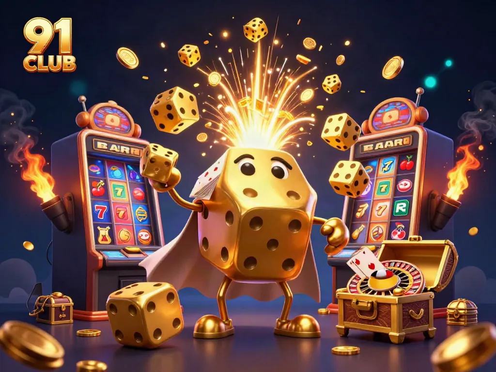Engage with 91 CLUB's gaming adventure featuring golden dice and vibrant slot machines.