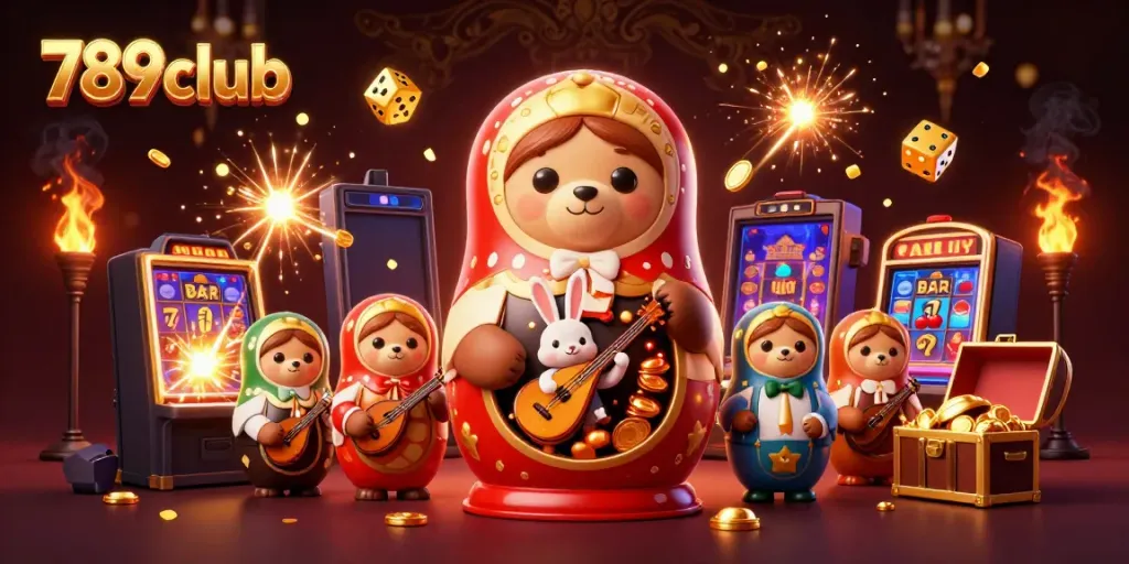 Experience the thrill of 789club with vibrant casino elements and cartoon characters celebrating a jackpot.