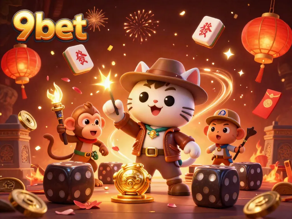 Engage with 9bet's thrilling casino adventure featuring an archaeologist cat and vibrant elements.