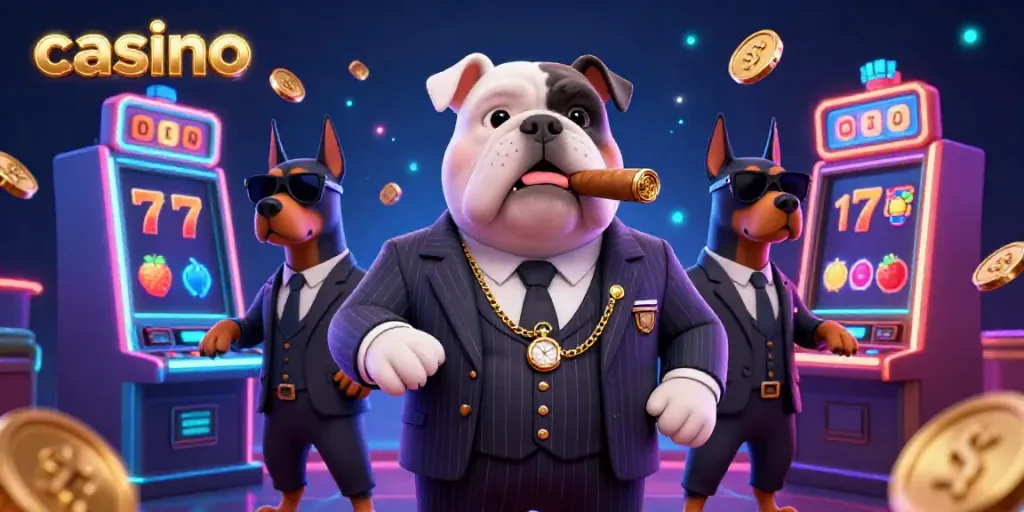 Capture the excitement of a casino with dynamic characters and vibrant slot machines.