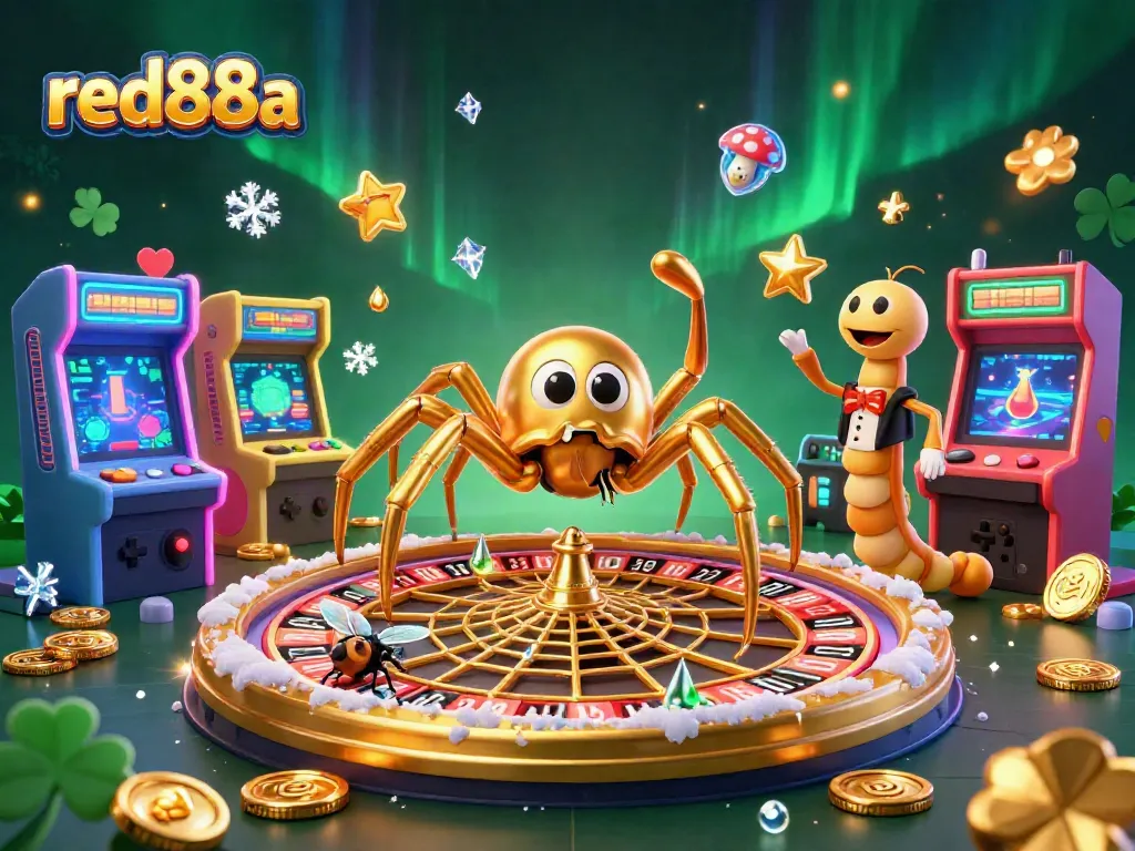 Experience thrilling bets at red88a as a golden spider spins roulette, enhancing your gaming adventure.