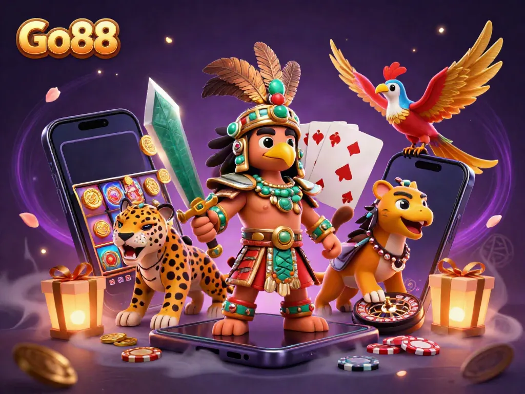 Engage with Go88 through thrilling slot games, featuring a vibrant 3D scene of Aztec-themed characters and dynamic casino elements.