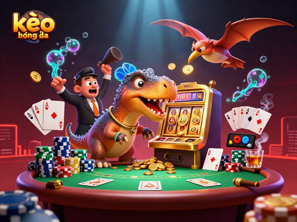 Experience the excitement of kèo bóng đá with cartoon dinosaurs in a lively casino scene.