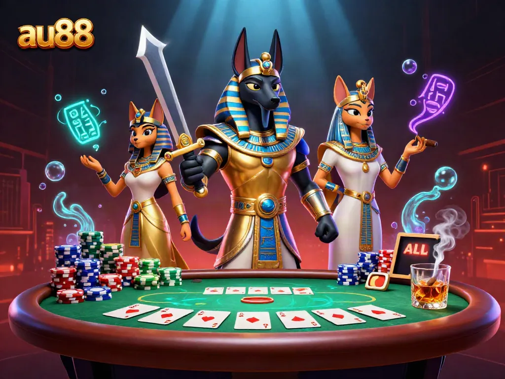 Experience immersive gambling with au88 featuring an Egyptian warrior and cat surrounded by poker elements.