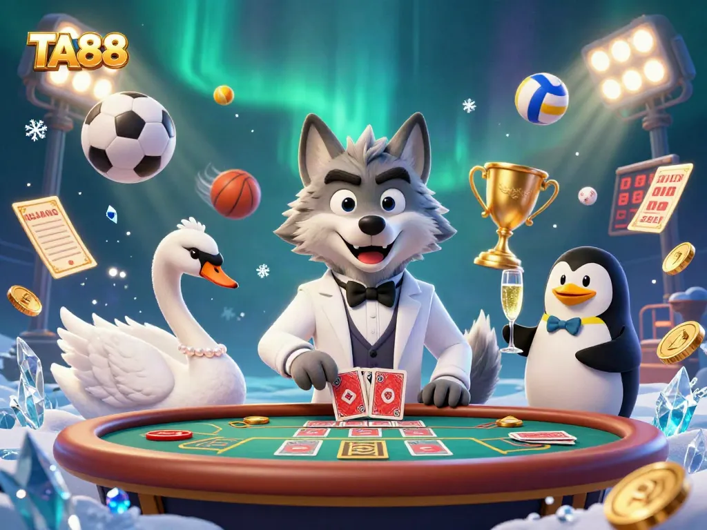 Place bets at TA88 with a debonair wolf, elegant swan, and penguin presenting champagne.