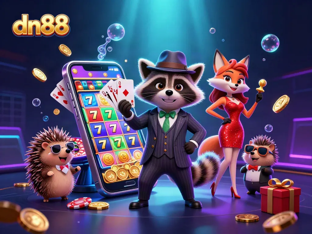 Experience the vibrant excitement of dn88 with a raccoon holding a royal flush in a stunning casino scene.