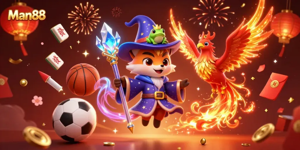 Experience thrilling wins at Man88 with a magical wizard fox and phoenix in a dynamic sports-themed casino celebration.