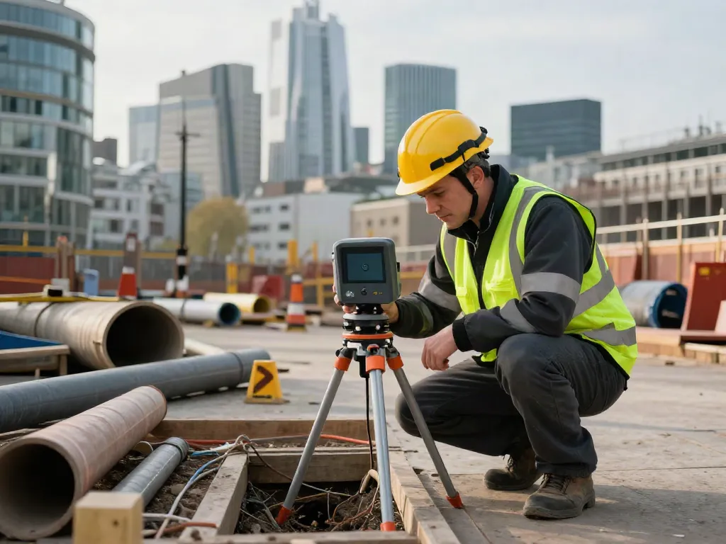 Utility Mapping London: Surveyor using GPR technology in urban setting, showcasing construction and planning.