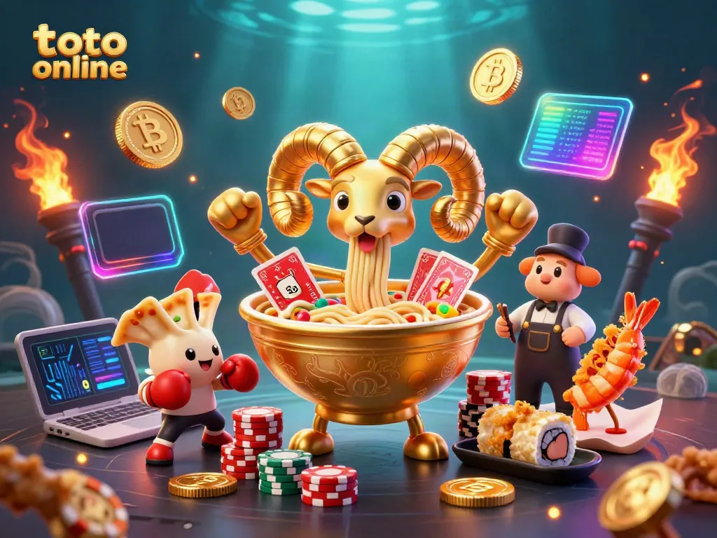 Engage in thrilling toto online gaming with a vibrant 3D illustration showcasing a golden ramen bowl dealer.