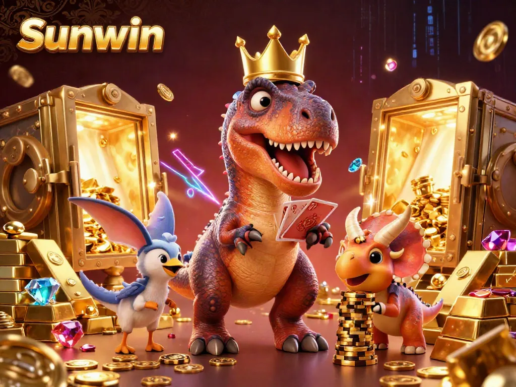 Engage with Sunwin's thrilling casino experience as a friendly T-Rex shuffles cards, joined by a pterodactyl assistant and a triceratops stacking chips.