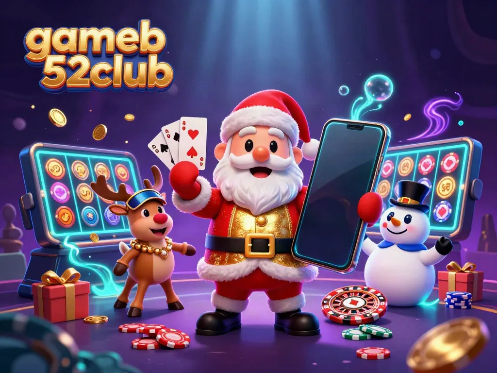 Spin to win with gameb52club's cartoon Santa and friends in a vibrant casino scene.