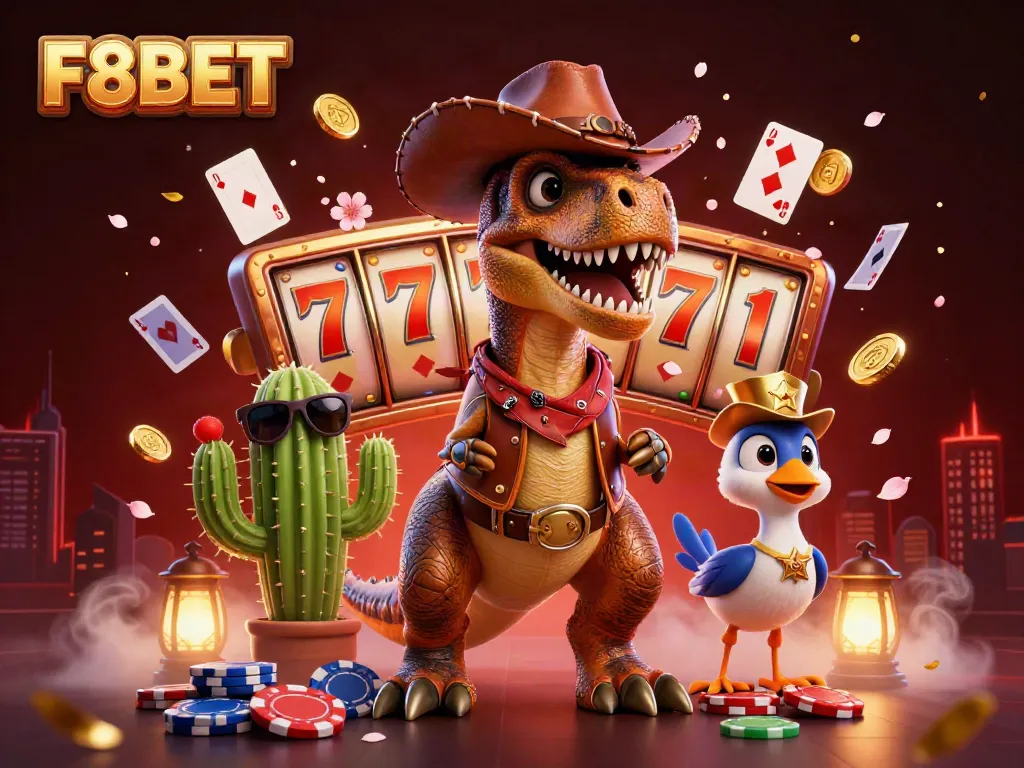 Engage with F8BET in a colorful casino world featuring a dinosaur cowboy and exciting games!