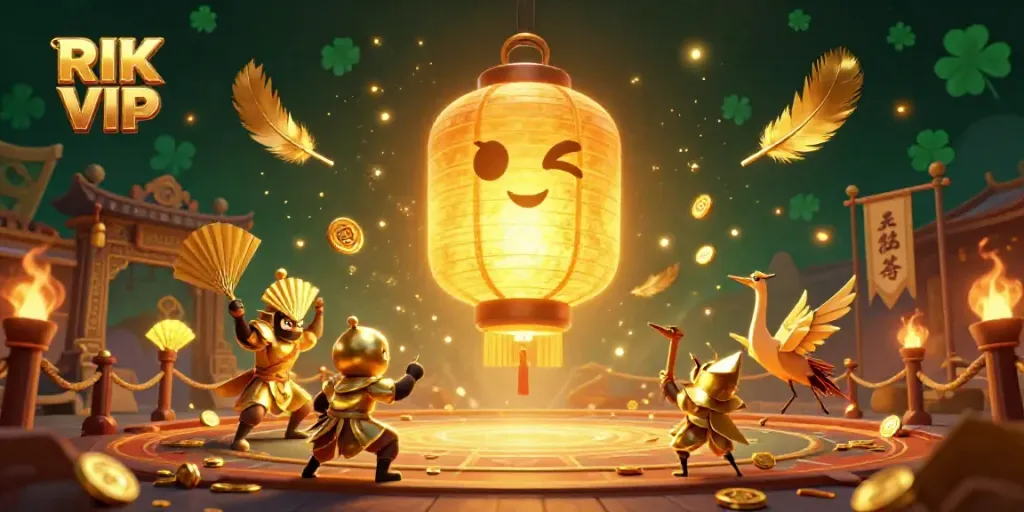 Engage with RIK VIP through a vibrant 3D lantern spirit casino scene filled with fortune symbols.