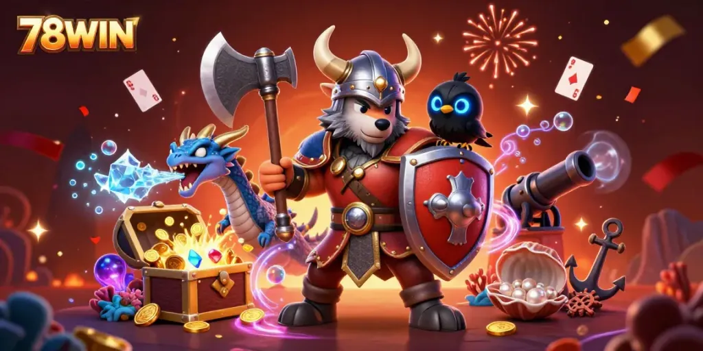 Experience the thrill of 78WIN with a Viking warrior, fierce dragon, and glowing treasures in an exhilarating casino adventure.
