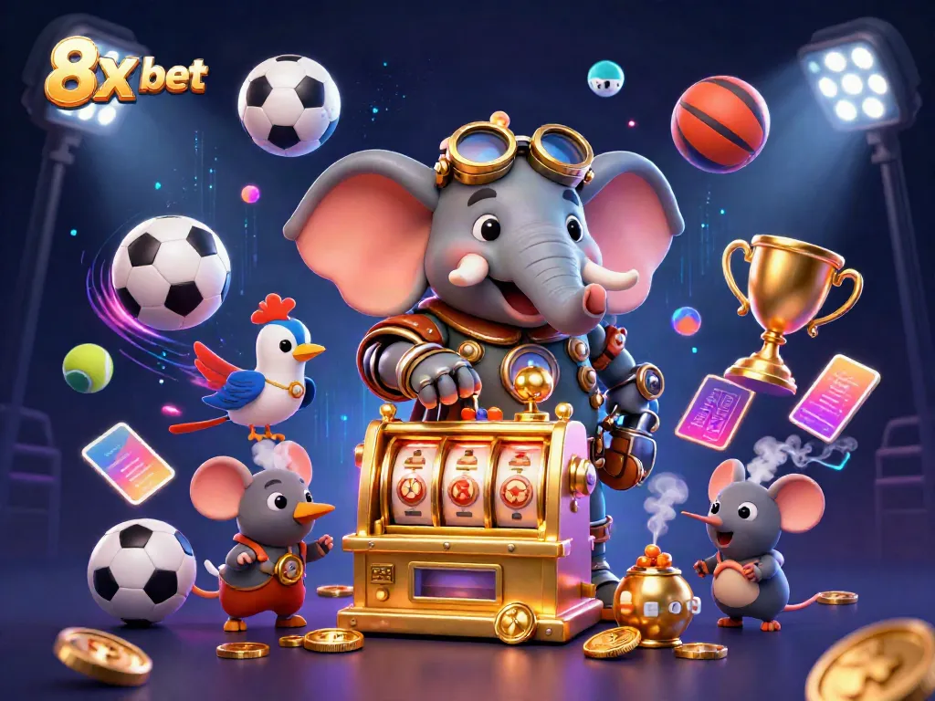 Engage in thrilling gambling action with 8x bet through a vibrant 3D scene featuring dynamic sports and casino elements.