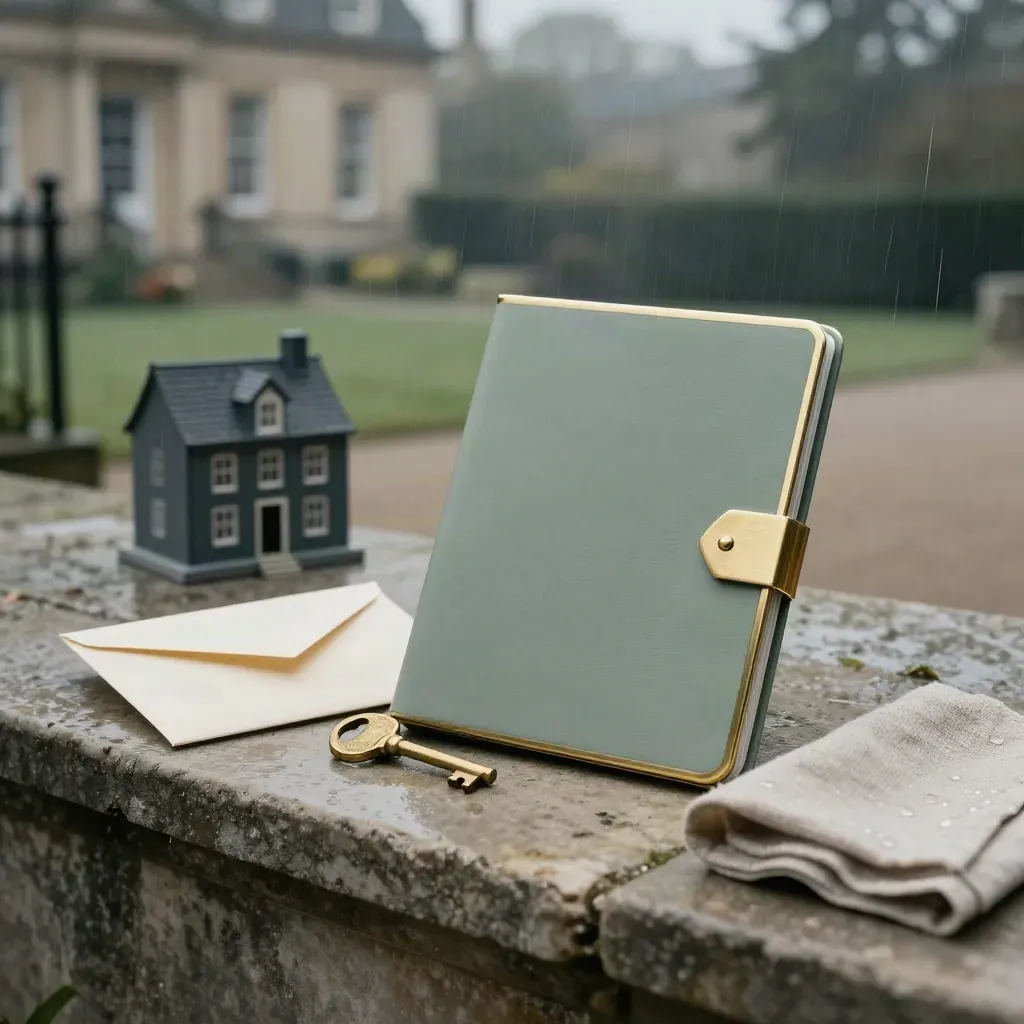 Branded sale pack folder with brass key, house maquette, envelope and linen on damp stone