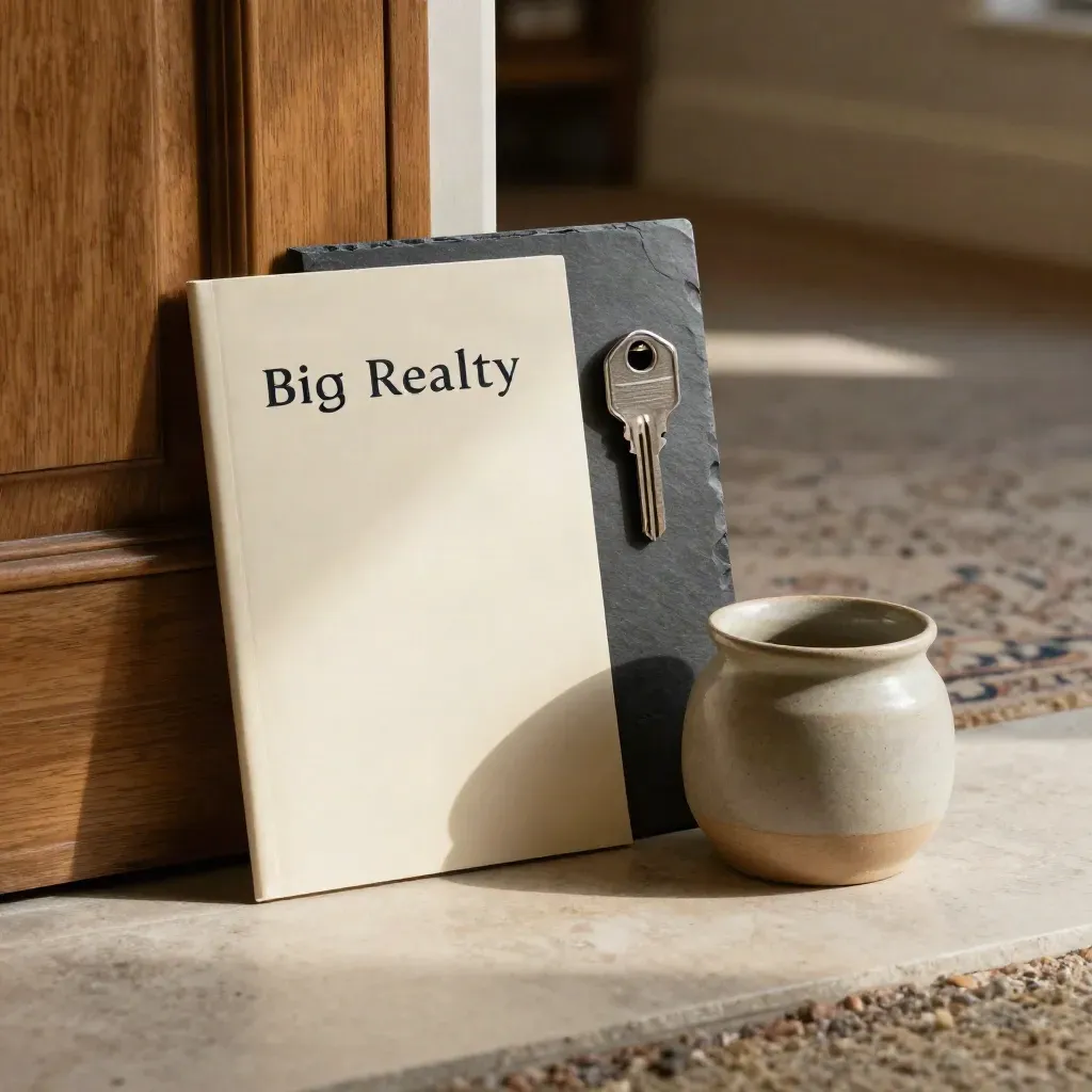 Lettings launch pack with key, folder and ceramic pot in a quiet hallway