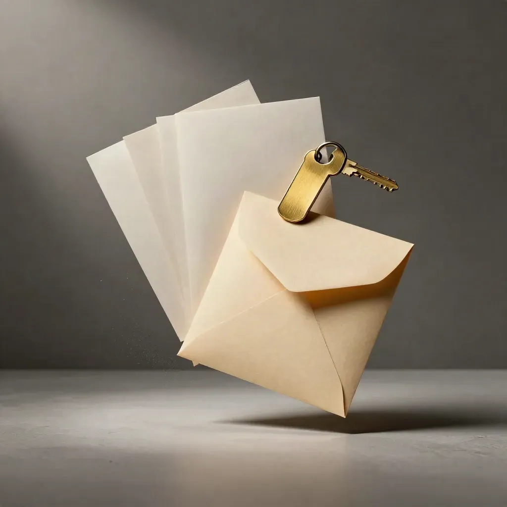 Floating property sale starter pack with brass key tag, papers, and envelope in a pale plaster studio