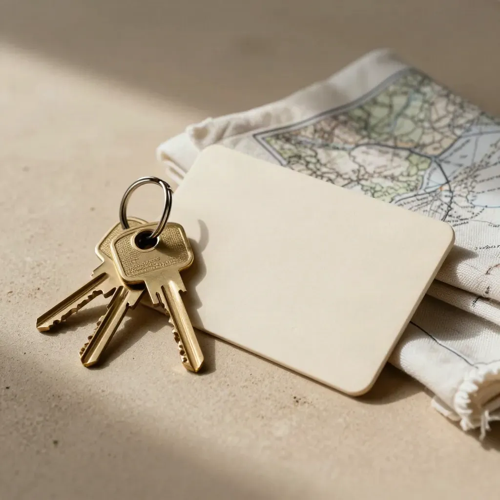 Paired keys, blank sleeve and folded map cloth on sand plaster, softly lit.
