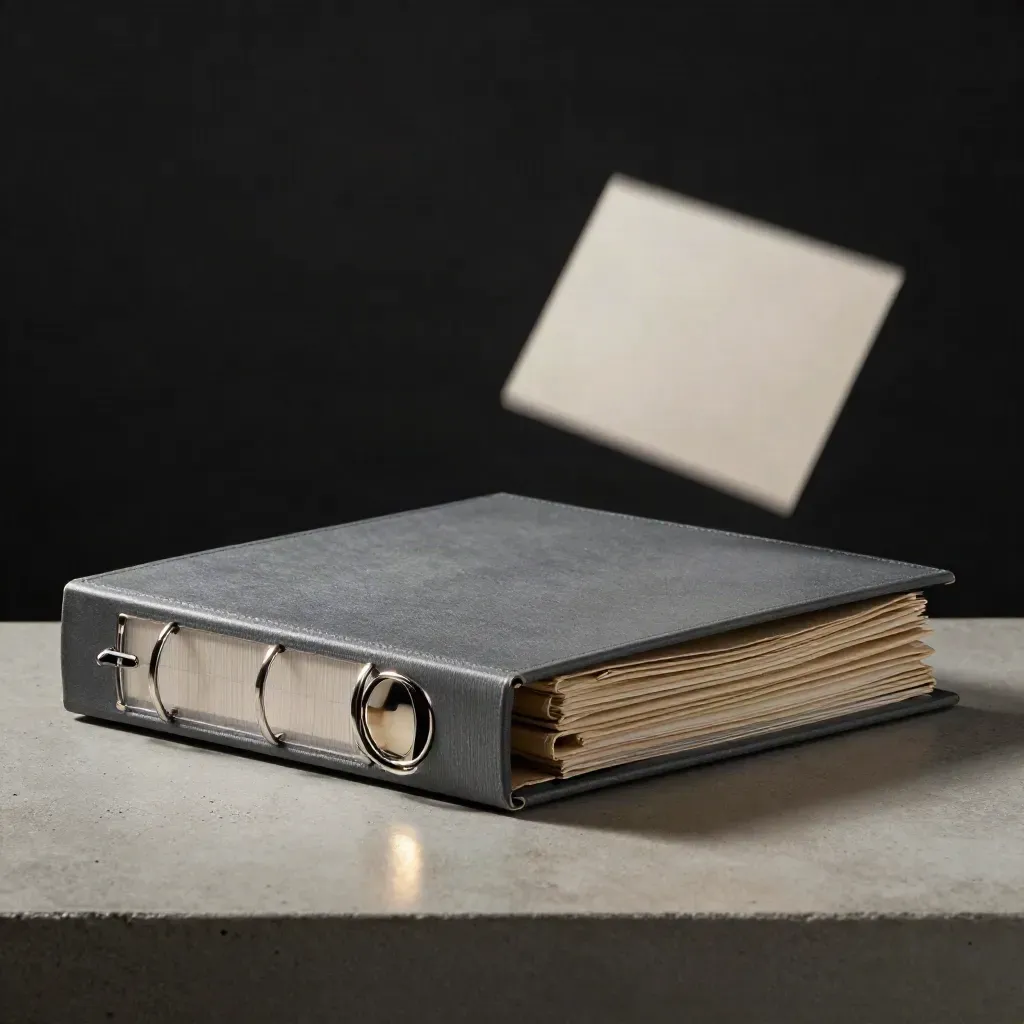 Slate lettings binder, key ring and folded cloth on concrete with dramatic studio light.