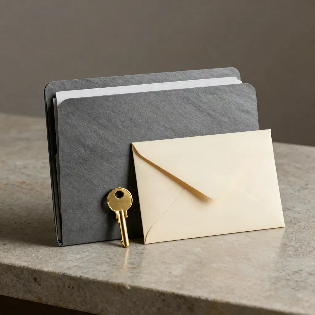 Slate property folder with slim tabs, house key and sealed envelope on brushed stone, softly lit.