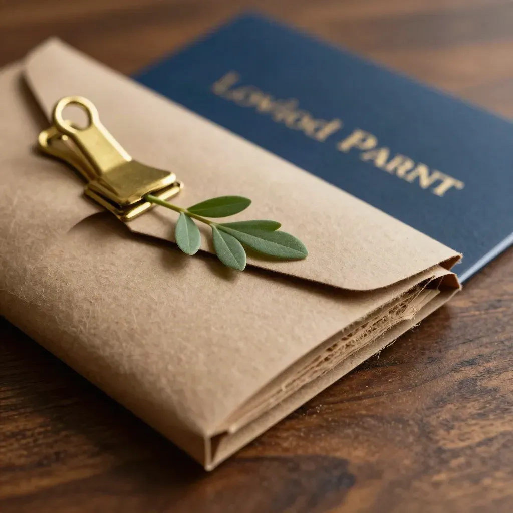Macro of kraft-wrapped property support bundle with brass clip, sprig, and envelope