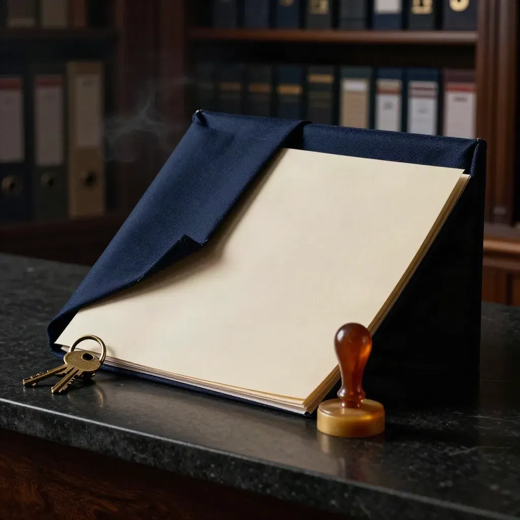 Dark premium still life of landlord paperwork bundle, keys, seal and folder on black stone.