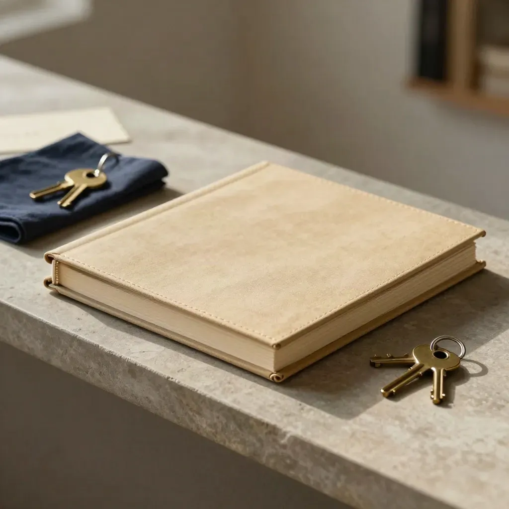 Binder, keys and cloth on a stone ledge in soft daylight