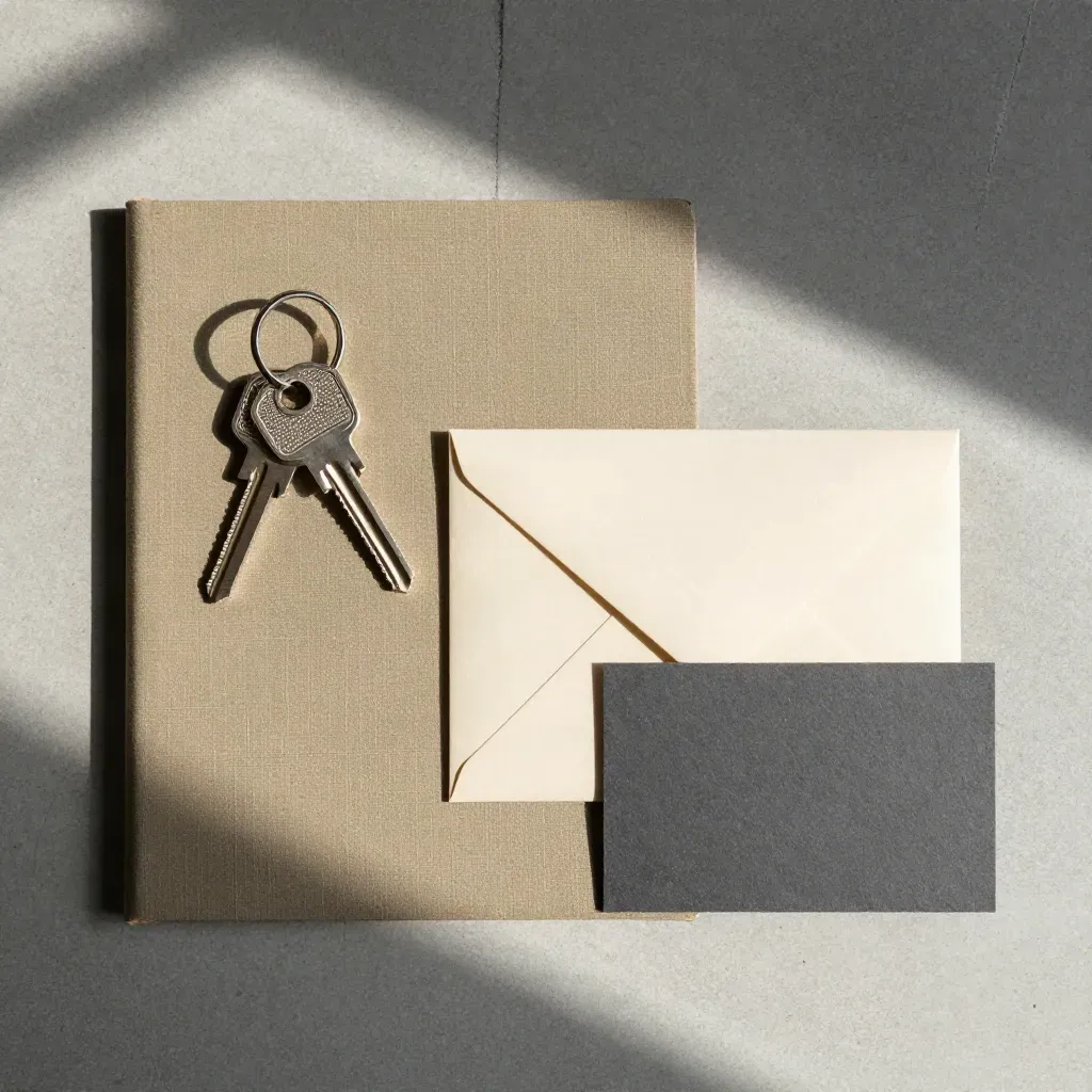 Overhead flatlay of keys, linen folder and envelope on pale concrete
