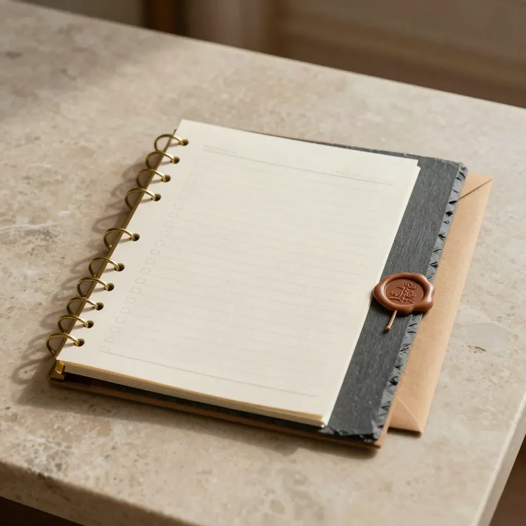 Overhead landlord compliance pack with brass rings, checklist tabs and sealed envelope on limestone