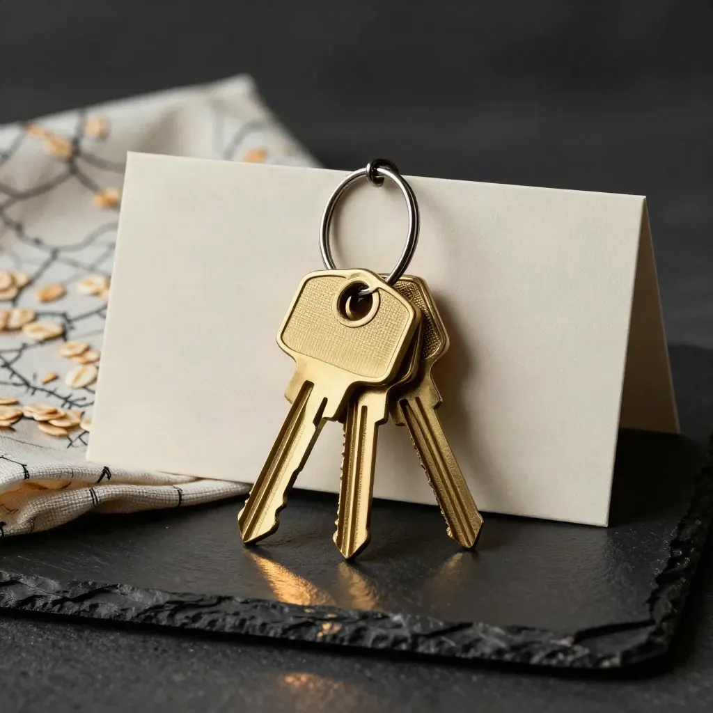 Brass keys, folded map cloth and cream card sleeve on a dark slate plinth.