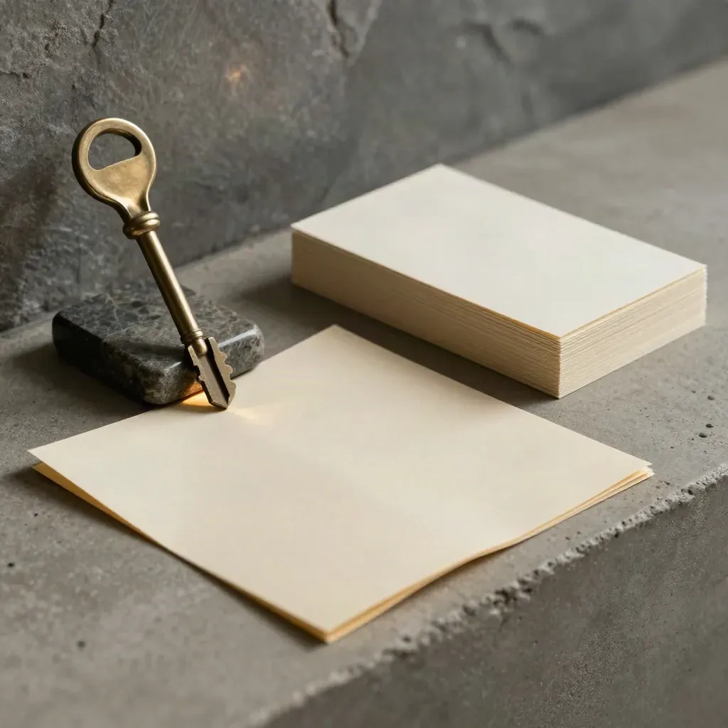 Folded area price report kit with stone paperweight and cream cards on pale concrete.