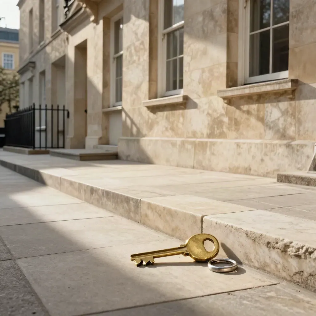 Sunlit limestone mews courtyard with pale paving, sash windows and a brass house key in the foreground.