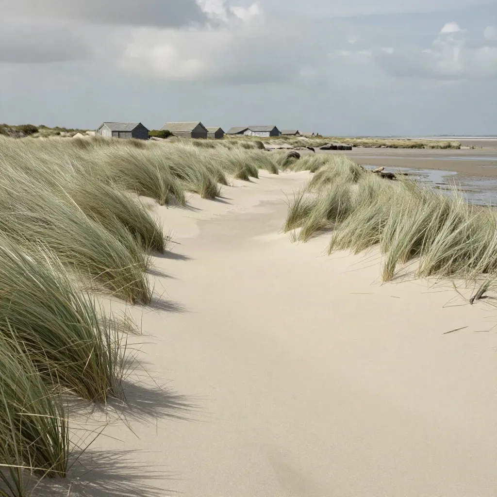 Salt marsh path with pale sand, grasses and distant roofs under shifting cloud shadow.