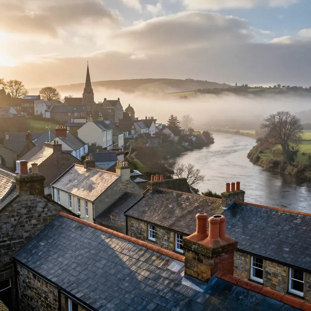 Golden-hour UK hill town above a misty river bend, seen from a high outlook.