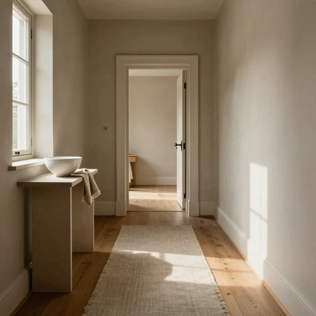 Sunlit oak hallway with plaster walls, linen runner and open doorway in a calm UK home.