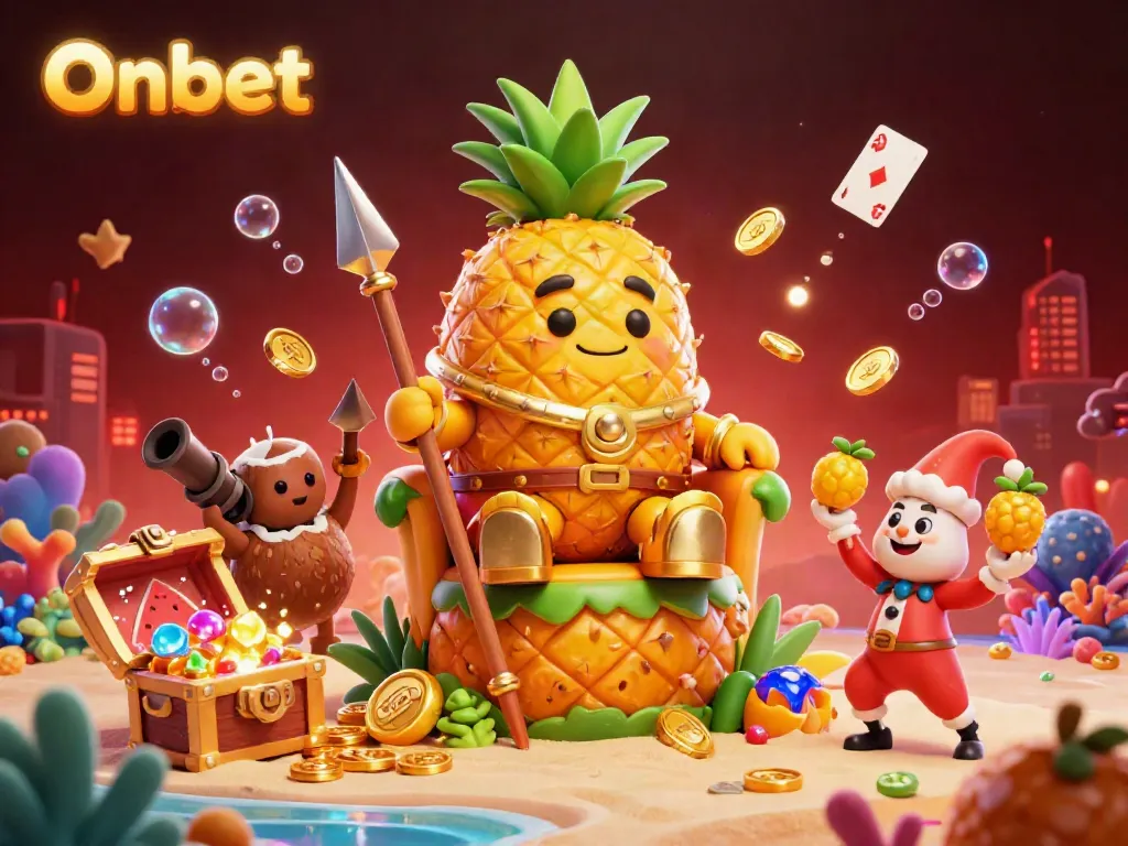 Onbet casino scene features a pineapple king with vibrant characters amid treasures, radiating energy and excitement.