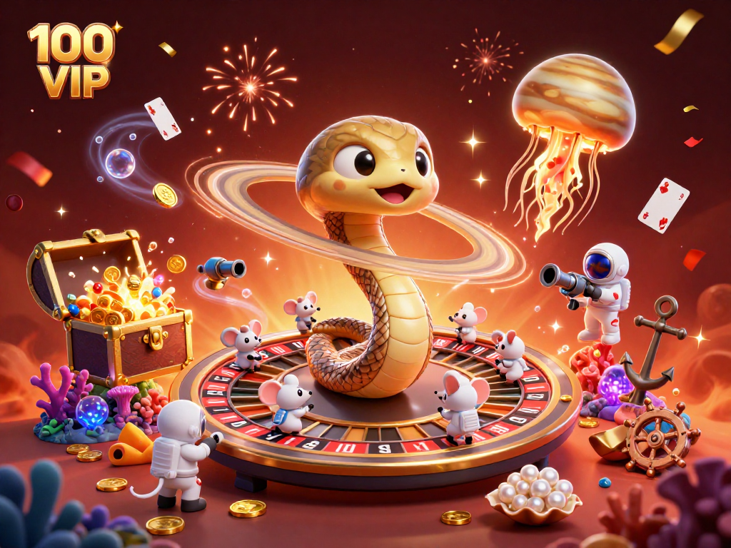 Experience thrilling bets with 100 VIP players amid a vibrant cosmic casino scene filled with treasure.
