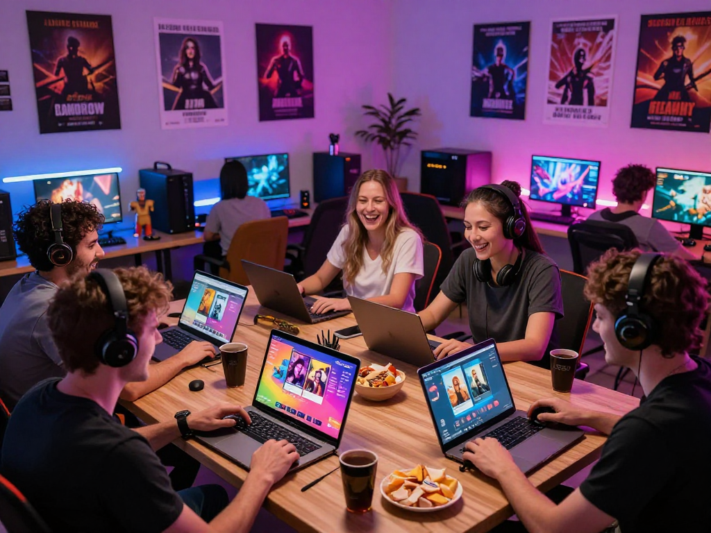 Group enjoying sex games online together in a vibrant gaming room.