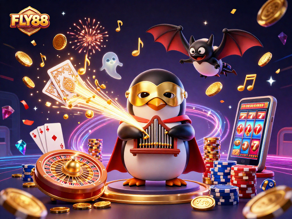 Win big with FLY88 as the phantom opera penguin creates golden coins and excitement!