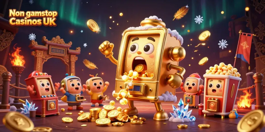 Exciting scene of Non gamstop casinos UK with a jubilant slot machine hitting a jackpot amid cheering mini machines and vibrant casino elements.