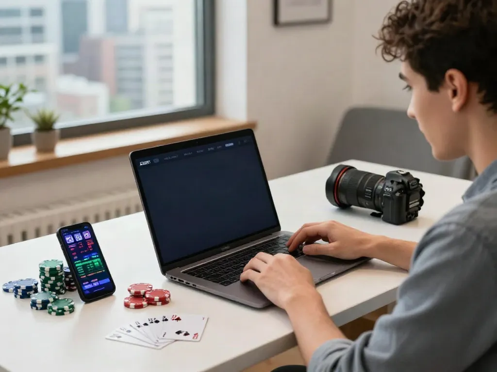 Excited player using ZBET online gambling platform in modern home office