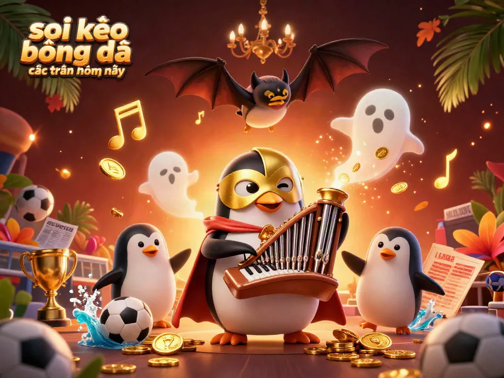 Soi kèo bóng đá các trận hôm nay with a penguin playing organ, sports elements around